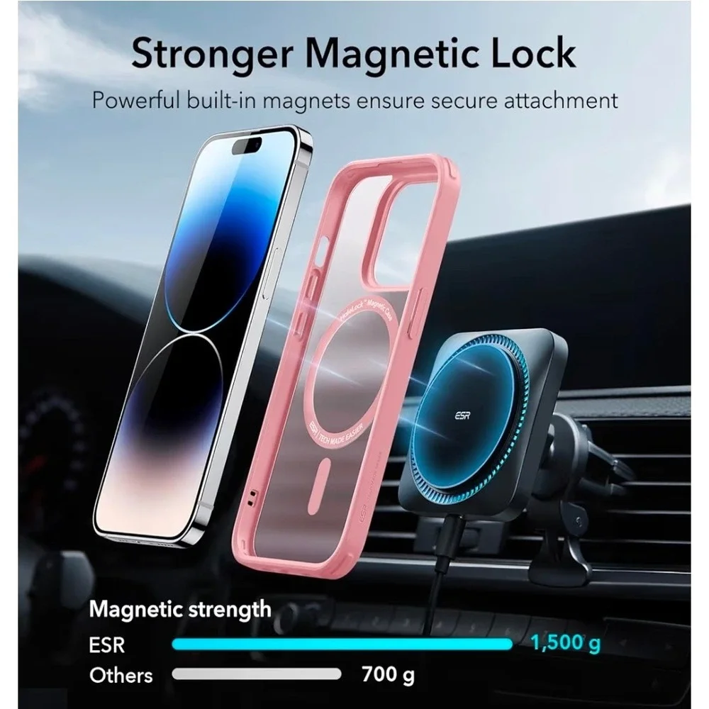ESR Frosted Pink iPhone 14 Pro Case MagSafe Military Grade‎ Shockproof Hybrid